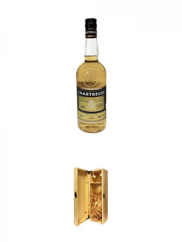 Chartreuse Gelb Kräuterlikör aus Frankreich 0,7 Liter + 1a Whisky Holzbox für 1 Flasche mit Hakenverschluss von Diverse