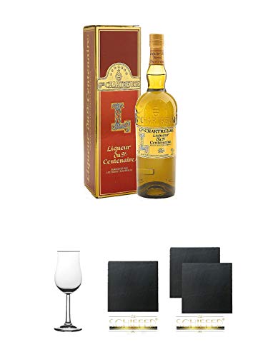 Chartreuse Liqueur du 9eme Centenaire 0,7 Liter + 1 Bugatti Nosing Gläser mit Eichstrich 2cl und 4cl + 3 Schiefer Glasuntersetzer eckig ca. 9,5 cm Ø von Unbekannt