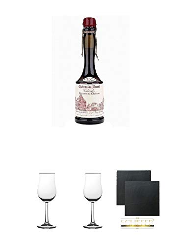 Chateau du Breuil 8 Jahre Pays d' Auge Calvados Frankreich 0,7 Liter + 2 Bugatti Nosing Gläser mit Eichstrich 2cl und 4cl + 2 Schiefer Glasuntersetzer eckig ca. 9,5 cm Ø von Diverse