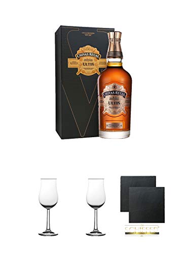 Chivas Regal ULTIS 0,7 Liter + 2 Bugatti Nosing Gläser mit Eichstrich 2cl und 4cl + 2 Schiefer Glasuntersetzer eckig ca. 9,5 cm Ø von Diverse