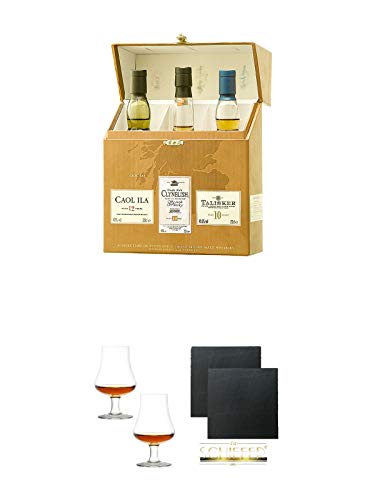 Classic Malts Collection Coastal 3 x 0,2 Liter + Stölzle Nosingglas für Whisky 2 Gläser - 1610031 + Schiefer Glasuntersetzer eckig ca. 9,5 cm Ø 2 Stück von Diverse