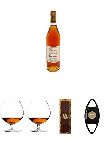 Cognac Dudognon Vielle Reserve - GRANDE CHAMPAGNE 1ER CRU DU COGNAC - Frankreich + Cognacglas / Schwenker Stölzle 1 Stück - 103/18 + Cognacglas / Schwenker Stölzle 1 Stück - 103/18 + BrickHouse Streichhölzer + Buena Vista Zigarrencutter von Unbekannt