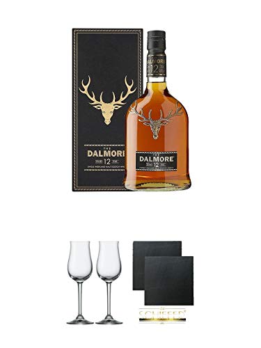 Dalmore 12 Jahre The Twelve Single Malt Whisky 0,7 Liter + Stölzle Nosingglas für Destillate 2 Gläser - 2050030 + Schiefer Glasuntersetzer eckig ca. 9,5 cm Ø 2 Stück von Diverse