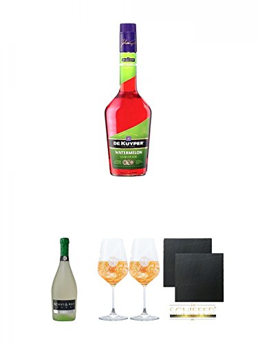 De Kuyper Watermelon Likör 0,7 Liter + Scavi & Ray Hugo Schaumwein 0,75 Liter + Miamee Goldwasser Cocktail Gläser mit 5cl Eichstrich 2 Stück + Schiefer Glasuntersetzer eckig ca. 9,5 cm Ø 2 Stück von Unbekannt