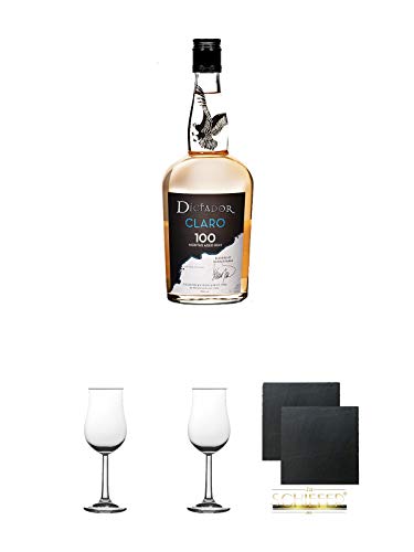 Dictador 100 Month aged Rum Claro 0,7 Liter + 2 Bugatti Nosing Gläser mit Eichstrich 2cl und 4 cl + 2 Schiefer Glasuntersetzer eckig ca. 9,5 cm Ø von Unbekannt