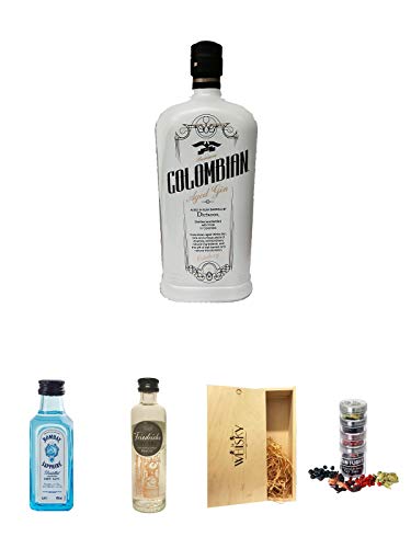 Dictador Colombian ORTODOXY (White) Dry Gin 0,7 Liter + Bombay Sapphire Gin 5 cl Miniatur + Friedrichs Gin 0,04 Liter Miniatur + 1a Whisky Holzbox für 2 Flaschen mit Schiebedeckel + Gin Flight Gewürze zum Verfeinern von Gin Tonic 1er Pack 1 x 12 Gramm von Unbekannt