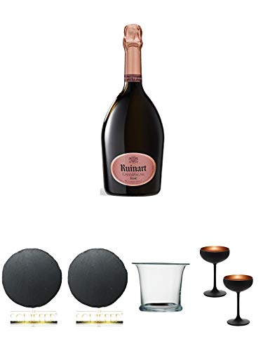 Dom Ruinart Champagner Rose 1,5 Liter Magnum + Schiefer Glasuntersetzer RUND ca. 9,5 cm Durchmesser + Schiefer Glasuntersetzer RUND ca. 9,5 cm Durchmesser + Sekt/Champagnerkühler mundgeblasen 1 Stück - 2000055 + Sektschale/Champagnerschale Stölzle 2 Gläs von Unbekannt