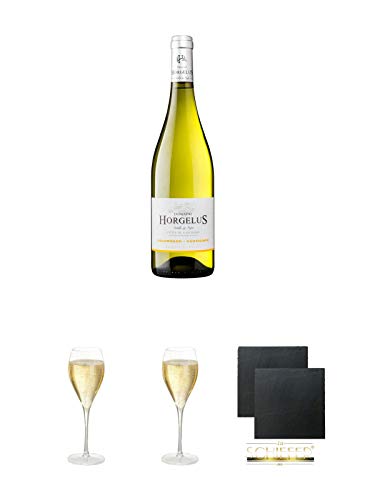 Domaine Horgelus Blanc 0,75 Liter + Taittinger Champagner Glas + Taittinger Champagner Glas + Schiefer Glasuntersetzer eckig ca. 9,5 cm Ø 2 Stück von Diverse