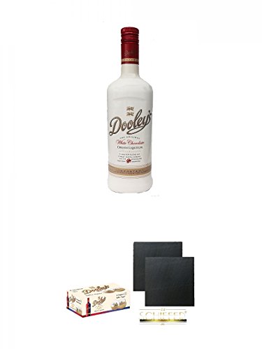 Dooleys Likör White Chocolate mit Wodka 0,7 Liter + Dooleys 6 Stück Gläser + Schiefer Glasuntersetzer eckig ca. 9,5 cm Ø 2 Stück von Diverse