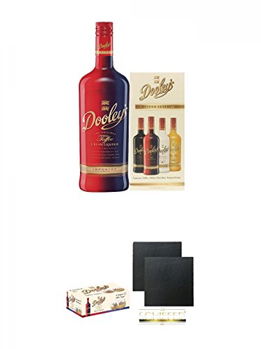 Dooleys Toffee Likör mit Wodka 0,7 Liter + Dooleys Cocktail Heft + Dooleys 6 Stück Gläser + Schiefer Glasuntersetzer eckig ca. 9,5 cm Ø 2 Stück von Unbekannt