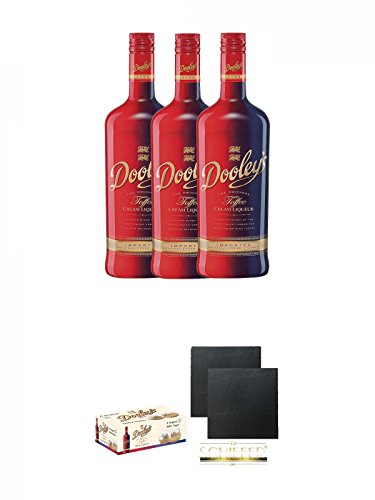 Dooleys Toffee Likör mit Wodka 3 x 1,0 Liter + Dooleys 6 Stück Gläser + Schiefer Glasuntersetzer eckig ca. 9,5 cm Ø 2 Stück von Diverse