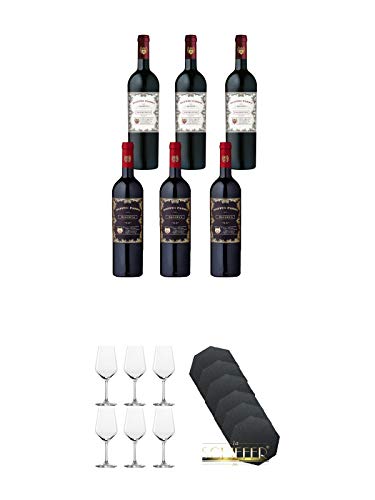 Doppio 6er Probierpaket 3 x Primitivo Salento, 3 x Riserva 0,75 Liter + Rotweinglas Stölzle - 3770001 6 Stück + Schiefer Glasuntersetzer achteckig 6 x ca. 9,5 cm Durchmesser von Unbekannt