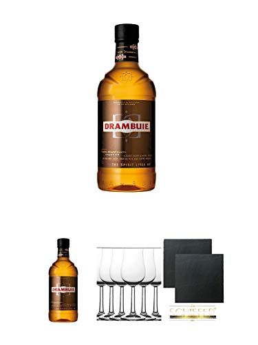 Drambuie Whiskylikör 0,7 Liter + Drambuie Whiskylikör 0,7 Liter + Whisky Nosing Gläser Kelchglas Bugatti mit Eichstrich 2cl und 4cl 6 Stück + Schiefer Glasuntersetzer eckig ca. 9,5 cm Ø 2 Stück von Diverse