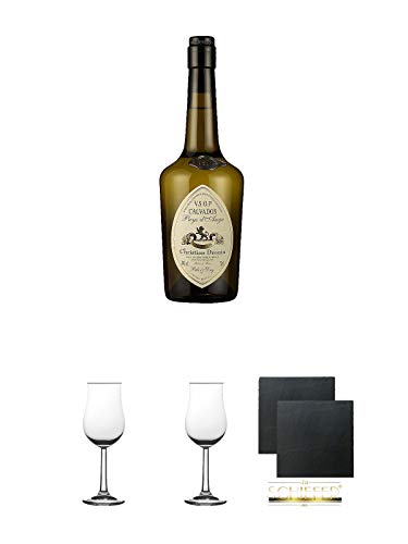 Drouin VSOP Calvados Frankreich 0,7 Liter + 2 Bugatti Nosing Gläser mit Eichstrich 2cl und 4cl + 2 Schiefer Glasuntersetzer eckig ca. 9,5 cm Ø von Unbekannt