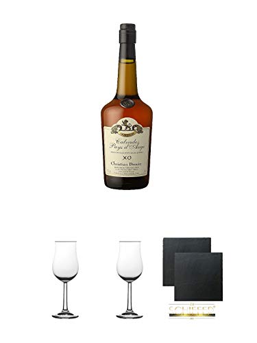 Drouin XO Calvados Frankreich 0,7 Liter + 2 Bugatti Nosing Gläser mit Eichstrich 2cl und 4cl + 2 Schiefer Glasuntersetzer eckig ca. 9,5 cm Ø von Diverse