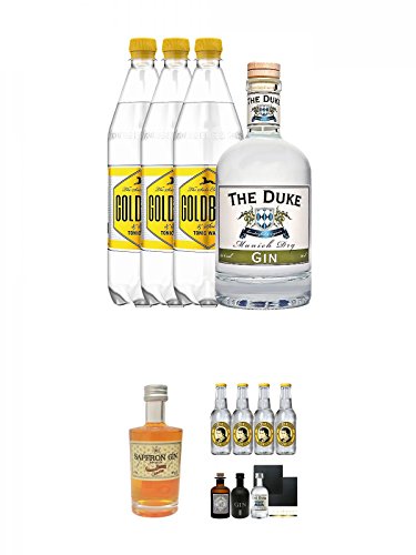 Duke Gin 1 x 0,7 Liter & 3 x Goldberg 1,0 Liter Tonic Set + Boudier Saffron Frankreich Gin 0,05 Liter + Gin Probierset 1 x Monkey 5 cl, 1 x The Duke 5 cl, 1 x Black Gin 5 cl + 4 x Thomas Henry Tonic Water 0,2 Liter+ 2 Schieferuntersetzer von Unbekannt