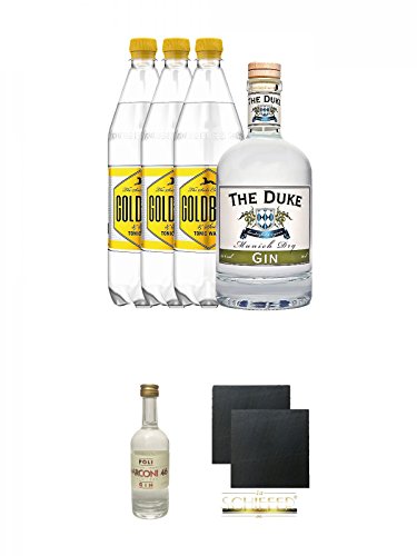 Duke Gin 1 x 0,7 Liter & 3 x Goldberg 1,0 Liter Tonic Set + Poli Marconi 46 Gin 0,05 Liter Mini + Schiefer Glasuntersetzer eckig ca. 9,5 cm Ø 2 Stück von Unbekannt