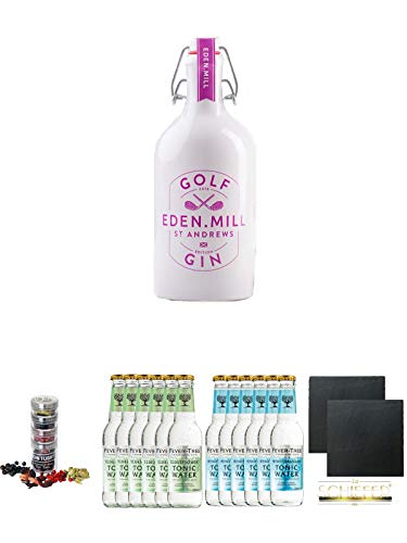 Eden Mill Golf Gin Schottland 0,5 Liter + Gin Flight Gewürze zum Verfeinern von Gin Tonic 1er Pack 1 x 12 Gramm + Fever Tree Elderflower Tonic Water 6 x 0,2 Liter + Fever Tree Mediterranean Tonic Water 6 x 0,2 Liter + Schiefer Glasuntersetzer eckig ca. 9, von Unbekannt