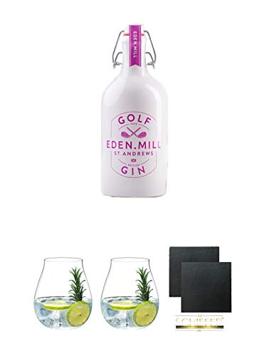 Eden Mill Golf Gin Schottland 0,5 Liter + Gin Tonic Glas - 5414/67 + Gin Tonic Glas - 5414/67 + Schiefer Glasuntersetzer eckig ca. 9,5 cm Ø 2 Stück von Diverse