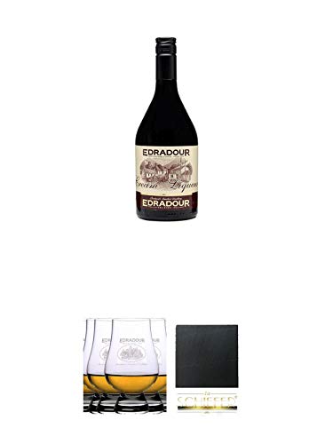 Edradour Cream Whisky Likör 0,7 Liter + Edradour The Glencairn Glas mit Aufschrift ohne Eichstrich 6 Stk. + Schiefer Glasuntersetzer eckig ca. 9,5 cm Durchmesser von Unbekannt