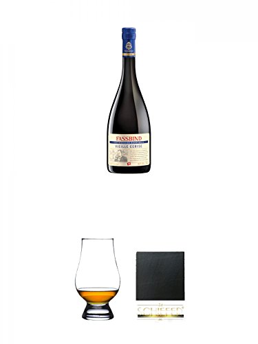 Fassbind Vieille Cerise Gereifter Kirschbrand Schweiz 0,7 Liter + The Glencairn Glass Whisky Glas Stölzle 1 Stück + Schiefer Glasuntersetzer eckig ca. 9,5 cm Durchmesser von Diverse