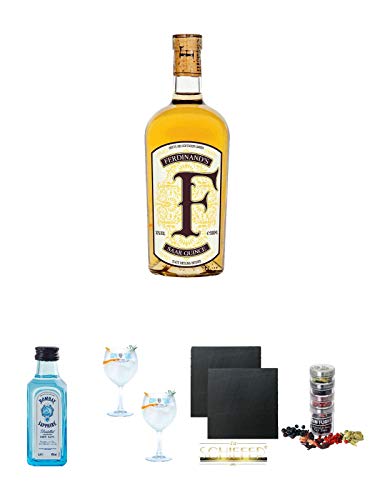 Ferdinands Saar Quince Quitten Gin (30%) 0,5 Liter + Bombay Sapphire Gin 5 cl Miniatur + Gin Sul Copo Ballon Glas 2 Stück + Schiefer Glasuntersetzer eckig ca. 9,5 cm Ø 2 Stück + Gin Flight Gewürze zum Verfeinern von Gin Tonic 1er Pack 1 x 12 Gramm von Unbekannt