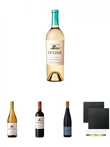 Fetzer Echo Ridge Sauvignon Blanc 0,75 Liter + Fetzer Sundial Chardonnay 0,75 Liter + Fetzer Valley Oaks Cabernet Sauvignon 0,75 Liter + Weingut Diehl Edition Rot 0,75 Liter + Schiefer Glasuntersetzer eckig ca. 9,5 cm Ø 2 Stück von Unbekannt