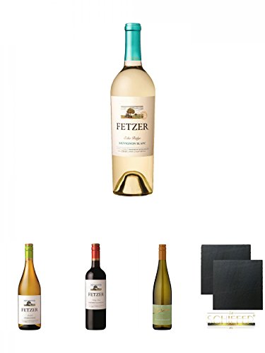 Fetzer Echo Ridge Sauvignon Blanc 0,75 Liter + Fetzer Sundial Chardonnay 0,75 Liter + Fetzer Valley Oaks Cabernet Sauvignon 0,75 Liter + Weingut Diehl Grauburgunder 0,75 Liter + Schiefer Glasuntersetzer eckig ca. 9,5 cm Ø 2 Stück von Unbekannt