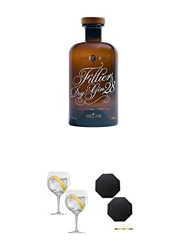 Filliers Premium Dry Gin 28 Belgien 0,5 Liter + Spiegelau Gin & Tonic 4390179 2 Gläser + Schiefer Glasuntersetzer achteckig 2 x ca. 9,5 cm Durchmesser von Unbekannt