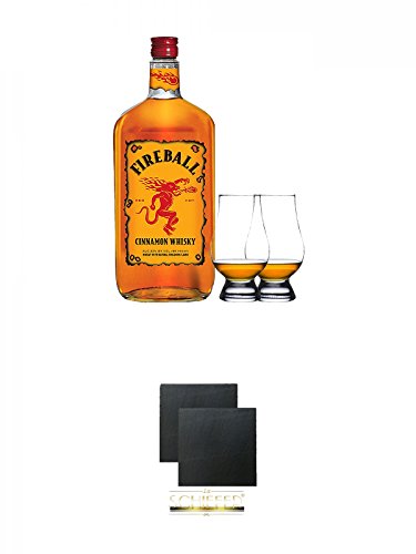 Fireball Whisky Zimt Likör Kanada 0,7 Liter + 2 Glencairn Gläser + Schiefer Glasuntersetzer eckig ca. 9,5 cm Ø 2 Stück von Diverse