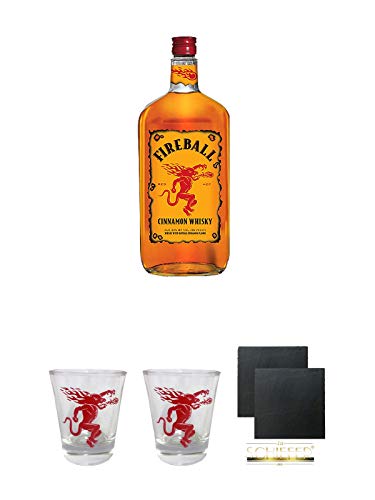 Fireball Whisky Zimt Likör Kanada 0,7 Liter + Fireball SHOT Gläser mit Schriftzug 1 Stück + Fireball SHOT Gläser mit Schriftzug 1 Stück + Schiefer Glasuntersetzer eckig ca. 9,5 cm Ø 2 Stück von Diverse