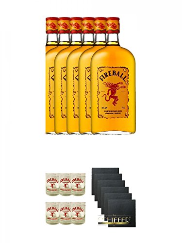 Fireball Whisky Zimt Likör Kanada 6 x 0,7 Liter + Fireball Gläser mit Schriftzug 6 Stück + Schiefer Glasuntersetzer eckig 6 x ca. 9,5 cm Durchmesser von Diverse