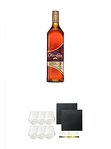 Flor de Cana Grand Reserva 7 Jahre Nicaragua 0,7 Liter + Millonario Rum Gläser 6 Stück + Schiefer Glasuntersetzer eckig ca. 9,5 cm Ø 2 Stück von Diverse