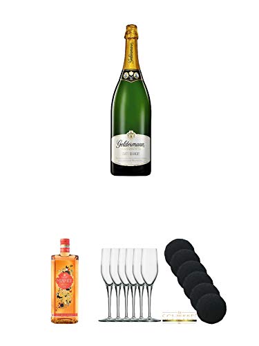 Geldermann - Carte Blanche - Flaschengärung - Trocken - Deutschland 1,5 Liter + Miamee Orange Goldwasser Likör 0,7 Liter + Stölzle Exquisit Sektkelch 6er Pack + Schiefer Glasuntersetzer rund 6 x ca. 9,5 cm Durchmesser von Unbekannt