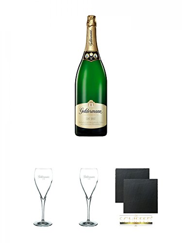 Geldermann - Grand Brut - Flaschengärung - Trocken - Deutschland 3,0 Liter + Geldermann Gläser 1 Stück + Geldermann Gläser 1 Stück + Schiefer Glasuntersetzer eckig ca. 9,5 cm Ø 2 Stück von Diverse