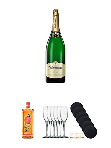 Geldermann - Grand Brut - Flaschengärung - Trocken - Deutschland 3,0 Liter + Miamee Orange Goldwasser Likör 0,7 Liter + Stölzle Exquisit Sektkelch 6er Pack + Schiefer Glasuntersetzer rund 6 x ca. 9,5 cm Durchmesser von Unbekannt