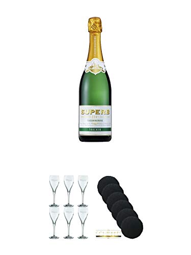 Geldermann SUPERB Sekt - Trocken - Deutschland 0,75 Liter + Geldermann Gläser 6 Stück + Schiefer Glasuntersetzer rund 6 x ca. 9,5 cm Durchmesser von Unbekannt