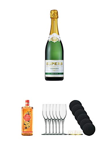 Geldermann SUPERB Sekt - Trocken - Deutschland 0,75 Liter + Miamee Orange Goldwasser Likör 0,7 Liter + 6 Stölzle Exquisit Sektkelch + 6 Schiefer Glasuntersetzer rund ca. 9,5 cm Durchmesser von Unbekannt