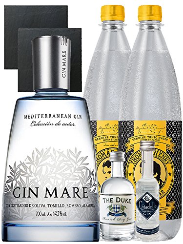 Gin-Set Gin Mare aus Spanien 0,7 Liter + The Duke München Dry Gin 5 cl + Citadelle Gin aus Frankreich 5 cl + 2 x Thomas Henry Tonic Water 1,0 Liter + 2 Schieferuntersetzer quadratisch 9,5 cm von Unbekannt