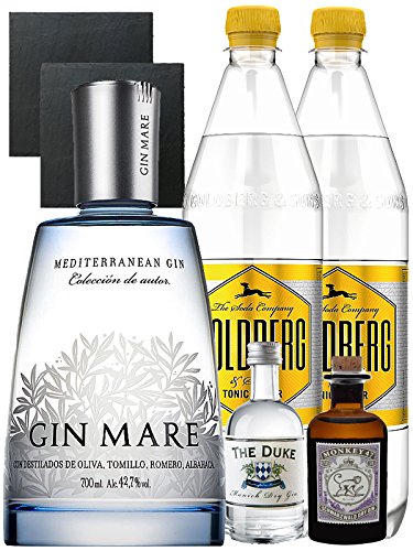 Gin-Set Gin Mare aus Spanien 0,7 Liter + The Duke München Dry Gin 5 cl + Monkey 47 Schwarzwald Dry Gin 5 cl MINIATUR + 2 x Goldberg Tonic Water 1,0 Liter + 2 Schieferuntersetzer quadratisch 9,5 cm von Unbekannt