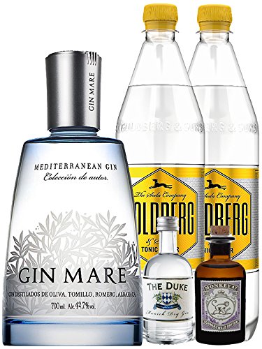 Gin-Set Gin Mare aus Spanien 0,7 Liter + The Duke München Dry Gin 5 cl + Monkey 47 Schwarzwald Dry Gin 5 cl MINIATUR + 2 x Goldberg Tonic Water 1,0 Liter von Unbekannt