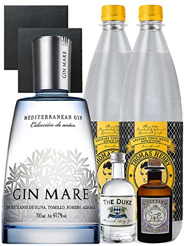 Gin-Set Gin Mare aus Spanien 0,7 Liter + The Duke München Dry Gin 5 cl + Monkey 47 Schwarzwald Dry Gin 5 cl MINIATUR + 2 x Thomas Henry Tonic Water 1,0 Liter + 2 Schieferuntersetzer quadratisch 9,5 cm von Unbekannt