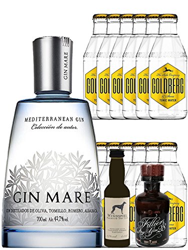 Gin-Set Gin Mare aus Spanien 0,7 Liter + Windspiel Premium Dry Gin Deutschland 0,04 Liter + Filliers Premium Dry Gin Belgien 0,05 Liter MINIATUR, 12 x Goldberg Tonic Water 0,2 Liter von Unbekannt