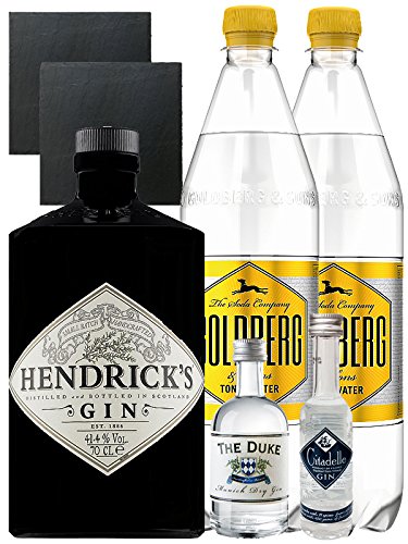 Gin-Set Hendricks Gin Small Batch 0,7 Liter + The Duke München Dry Gin 5 cl + Citadelle Gin aus Frankreich 5 cl + 2 x Goldberg Tonic Water 1,0 Liter + 2 Schieferuntersetzer quadratisch 9,5 cm von Unbekannt