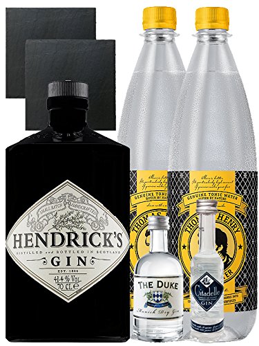 Gin-Set Hendricks Gin Small Batch 0,7 Liter + The Duke München Dry Gin 5 cl + Citadelle Gin aus Frankreich 5 cl + 2 x Thomas Henry Tonic Water 1,0 Liter + 2 Schieferuntersetzer quadratisch 9,5 cm von Unbekannt