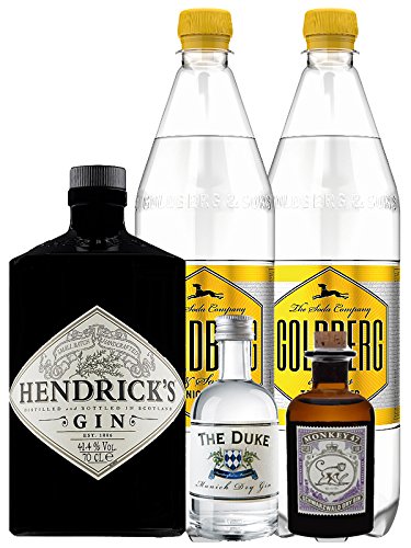 Gin-Set Hendricks Gin Small Batch 0,7 Liter + The Duke München Dry Gin 5 cl + Monkey 47 Schwarzwald Dry Gin 5 cl MINIATUR + 2 x Goldberg Tonic Water 1,0 Liter von Unbekannt