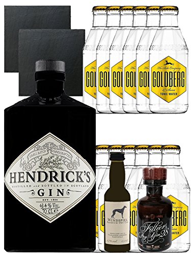 Gin-Set Hendricks Gin Small Batch 0,7 Liter + Windspiel Premium Dry Gin Deutschland 0,04 Liter + Filliers Premium Dry Gin Belgien 0,05 Liter MINIATUR, 12 x Goldberg Tonic Water 0,2 Liter + 2 Schieferuntersetzer quadratisch 9,5 cm von Unbekannt