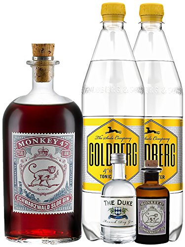 Gin-Set Monkey 47 SLOE GIN Schwarzwald Dry Gin 0,5 Liter + The Duke München Dry Gin 5 cl + Monkey 47 Schwarzwald Dry Gin 5 cl MINIATUR + 2 x Goldberg Tonic Water 1,0 Liter von Unbekannt