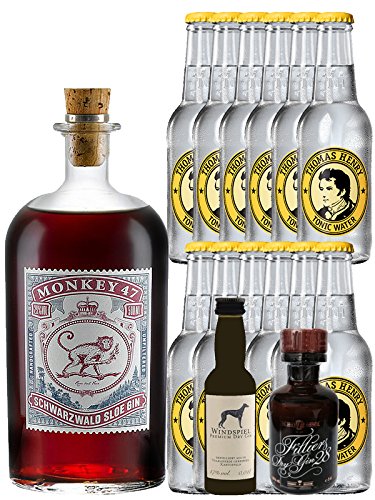 Gin-Set Monkey 47 SLOE GIN Schwarzwald Dry Gin 0,5 Liter + Windspiel Premium Dry Gin Deutschland 0,04 Liter + Filliers Premium Dry Gin Belgien 0,05 Liter MINIATUR, 12 x Thomas Henry Tonic Water 0,2 Liter von Unbekannt