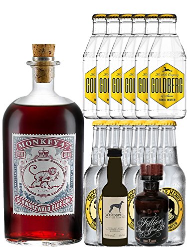 Gin-Set Monkey 47 SLOE GIN Schwarzwald Dry Gin 0,5 Liter + Windspiel Premium Dry Gin Deutschland 0,04 Liter + Filliers Premium Dry Gin Belgien 0,05 Liter MINIATUR, 6 x Thomas Henry Tonic Water 0,2 Liter, 6 x Goldberg Tonic Water 0,2 Liter von Unbekannt